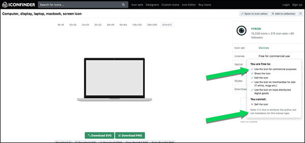 Showing attributions and copyright requirements for icons