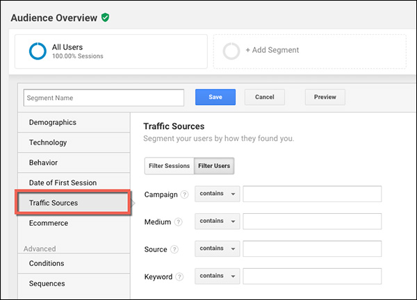 These filters can be found underneath the “Traffic Sources” filter section of the segment builder